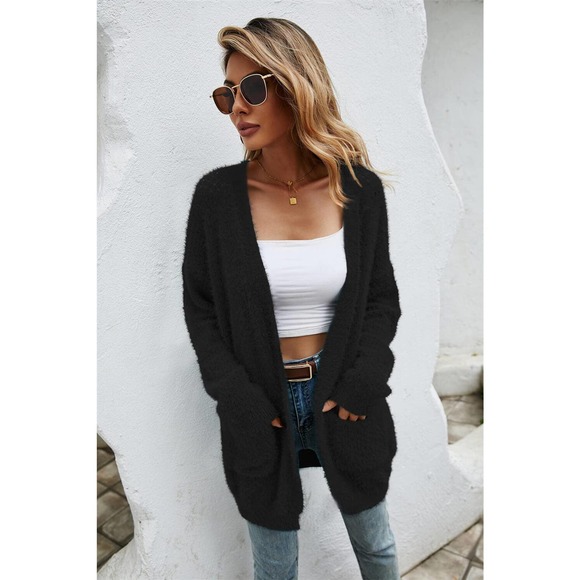 Open Front Openwork Fuzzy Cardigan with Pockets - Picture 7 of 11